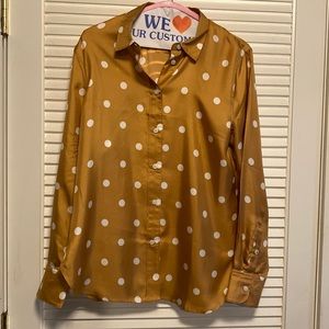 J Crew Size S Small Gold White Polka Dot 100% Silk Button Blouse collar